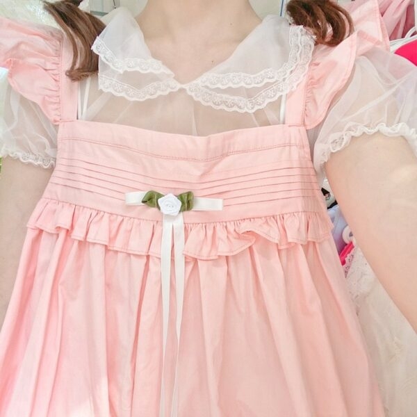 Robe mi-longue en dentelle rose pour fille douce japonaise Arc kawaii
