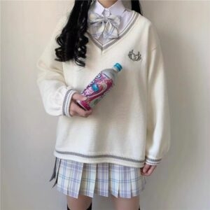 Suéter de uniforme escolar japonés con cuello en V blanco kawaii japonés