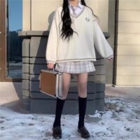 일본식 흰색 V 넥 교복 스웨터 일본어 귀엽다