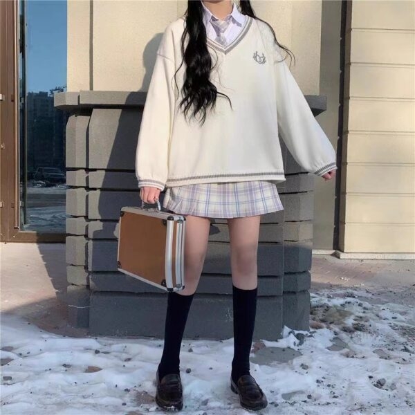Suéter de uniforme escolar japonés con cuello en V blanco kawaii japonés