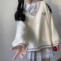 Suéter japonês de uniforme escolar branco com decote em V Kawaii japonês