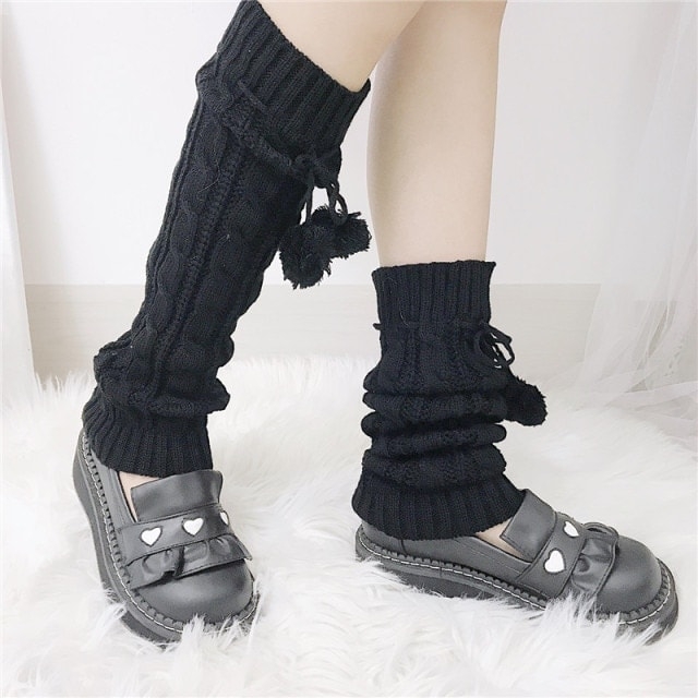 Women's Sweet Pure Color Knitted Leg Warmers With Balls - Kawaii ...