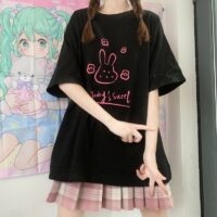 Söta kanintryckta lösa T-shirts E Girl kawaii