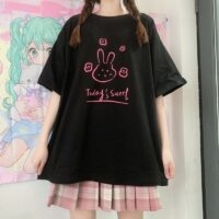 Camisetas soltas com estampa de coelho fofo E menina kawaii