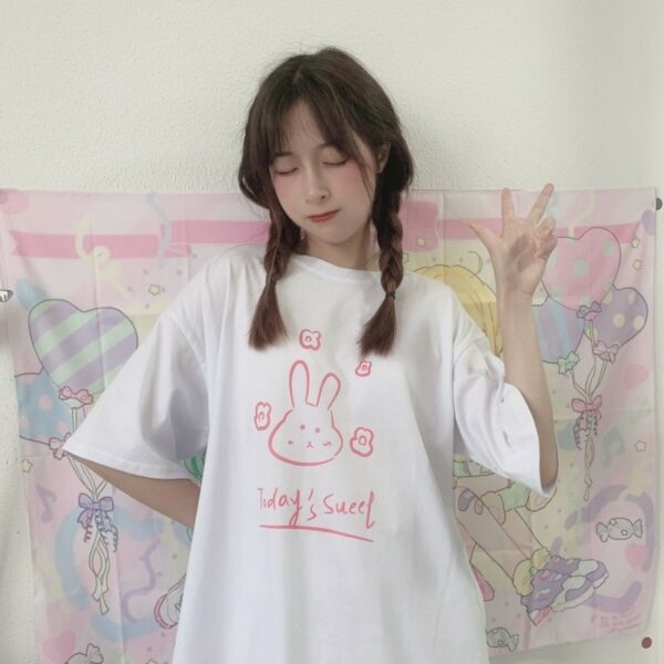 귀여운 토끼 프린트 루즈 티셔츠 E 소녀 카와이