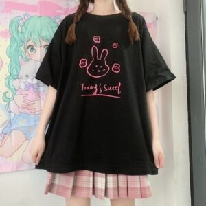 Söt kanin tryckta lösa T-shirts E Girl kawaii