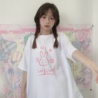 귀여운 토끼 프린트 루즈 티셔츠 E 소녀 카와이