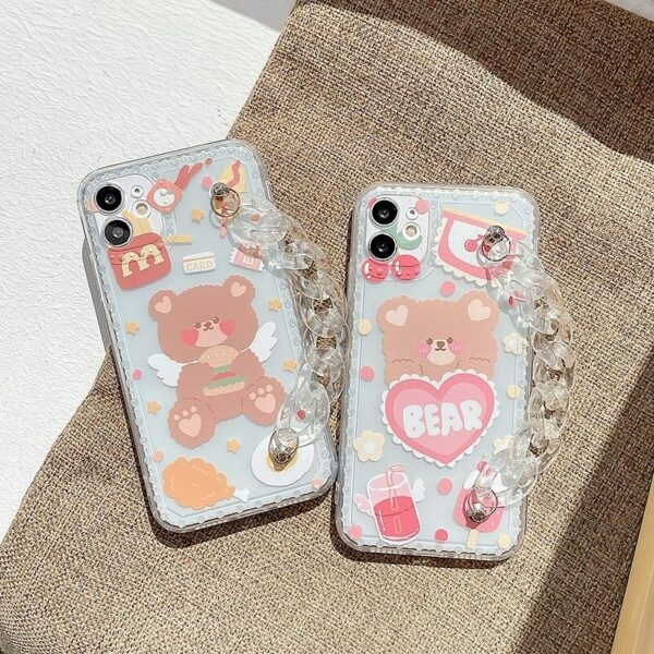 Capa para iPhone com pulseira de urso de desenho animado urso kawaii