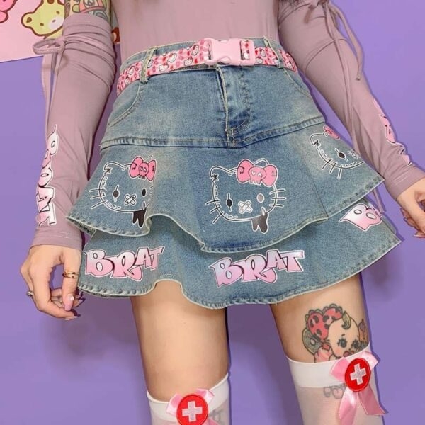 Mini plisowana spódnica Lolita Denim Kawaii Lolity