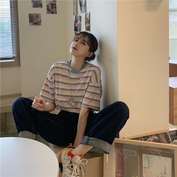 Loose Vintage Colorful Striped T-shirts - Kawaii Fashion Shop | Cute ...