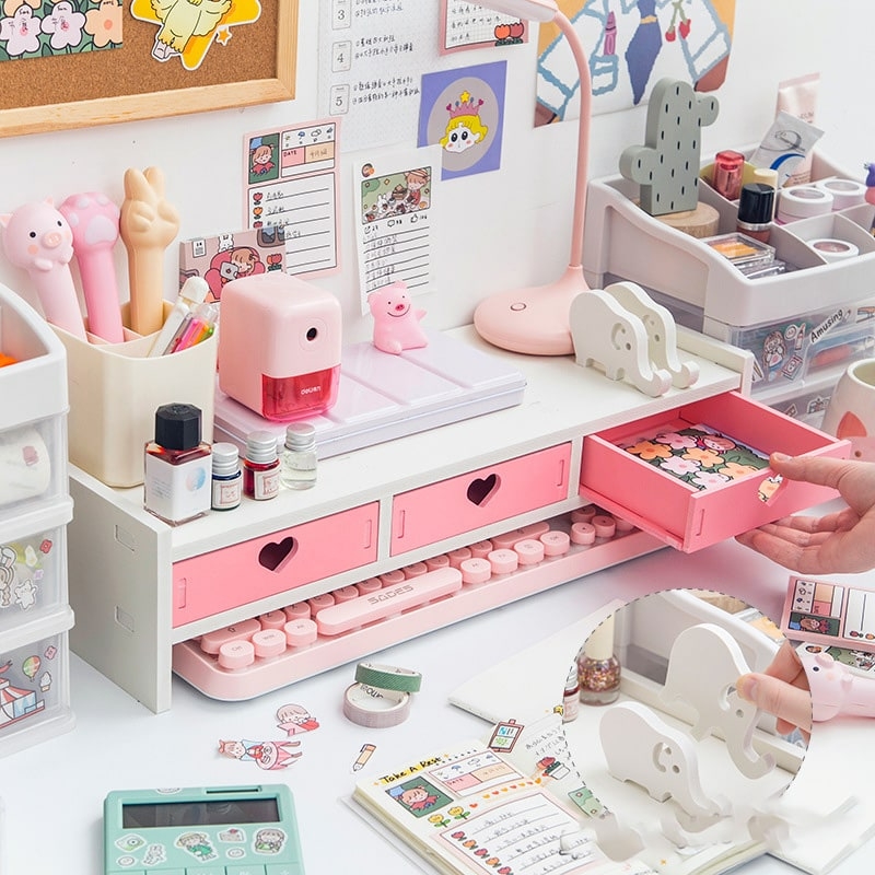 Kawaii Hearts Pink Wooden Desk Organizer - Kawaii Fashion Shop