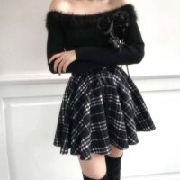 Punkowa wełniana spódnica w kratę z wysokim stanem, plus size Gotycka kawaii