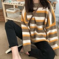 Koreański luźny sweter w paski Koreańskie kawaii