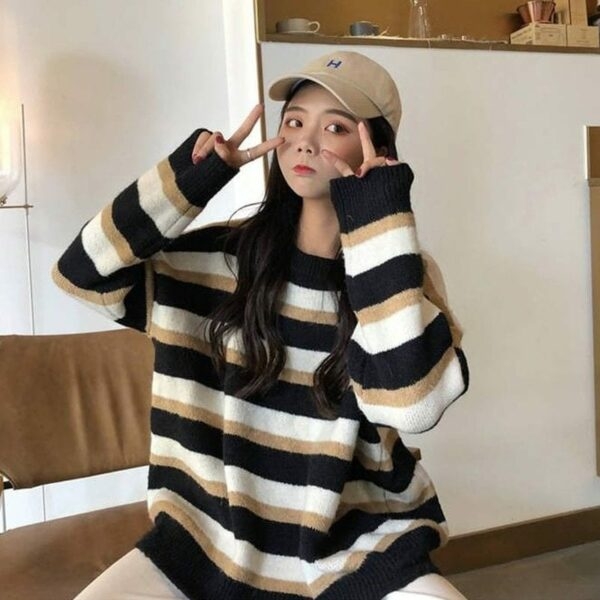 한국 루즈 스트라이프 스웨터 한국어 귀엽다