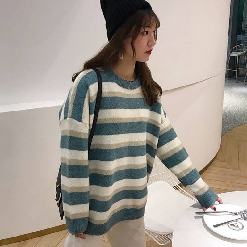 Korean Loose Striped Sweater - Kawaii Fashion Shop | Cute Asian ...