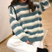 Koreański luźny sweter w paski Koreańskie kawaii