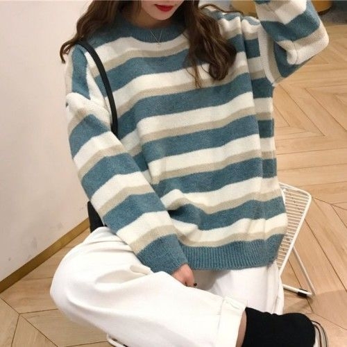 Корейский свободный полосатый свитер