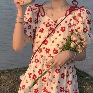 Kawaii söt blommig spetsklänning Blommig klänning kawaii