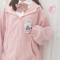 카와이 소프트 소녀 스위트 핑크 후드티 만화 귀엽다