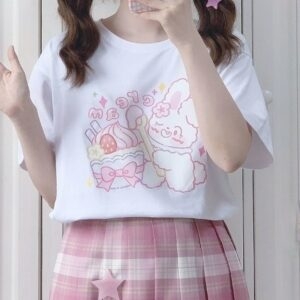Japoński Kawaii Śliczny Anime Biały T-shirt Japoński kawaii