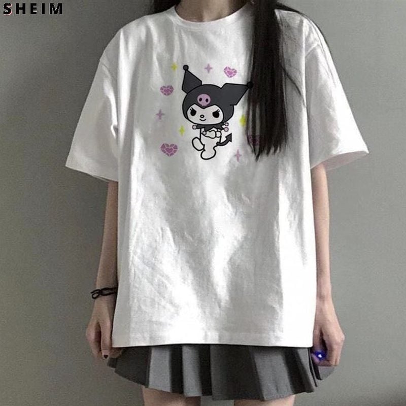 Bonito kuromi anime gráfico coreano tee harajuku com capuz, t-shirt de  verão cartoon kawaii roupas de manga curta t-shirt das mulheres solta tops  / Topos & Tees ~