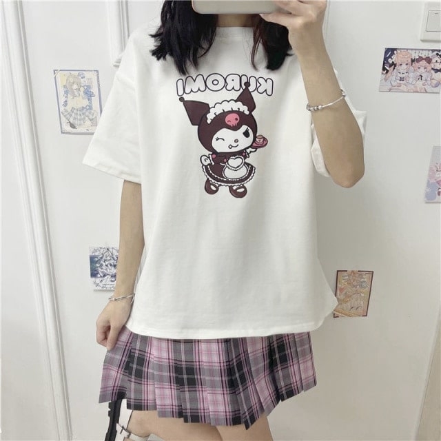 Camiseta Kuromi de cor sólida Kawaii