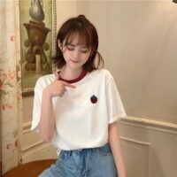 Cute Pink Strawberry Embroidered Loose T-shirt Embroidered kawaii
