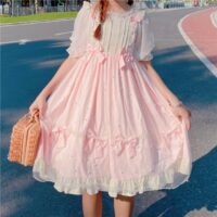 Vestido de manga acampanada con volantes de malla de Lolita kawaii japonés
