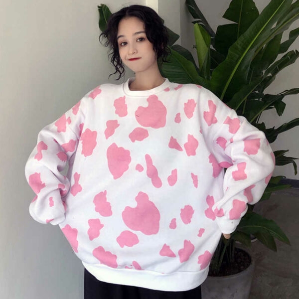 Pink Milk Cow Print Loose Crew Neck Sweater Cow kawaii