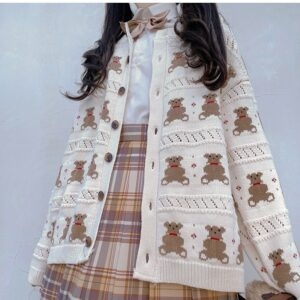 Cardigan lavorato a maglia sciolto con orso orso kawaii