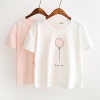 하라주쿠 핑크 컬러 프린트 티셔츠 코튼 카와이