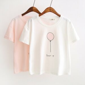 하라주쿠 핑크 컬러 프린트 티셔츠 코튼 카와이