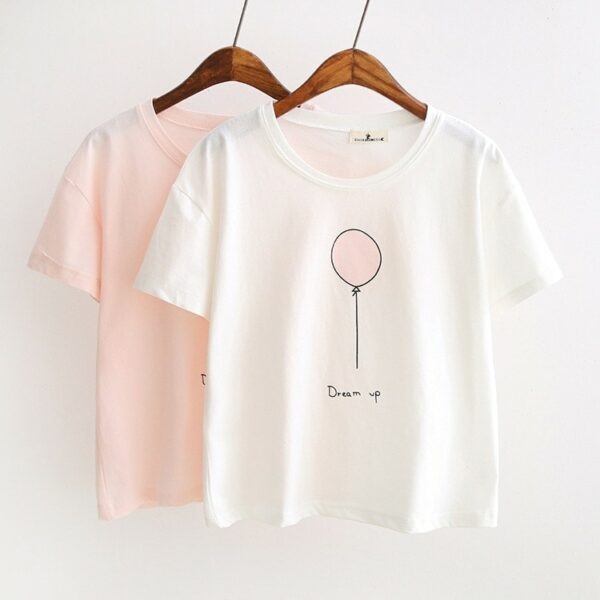 Harajuku T-shirts med rosa färgtryck Bomull kawaii
