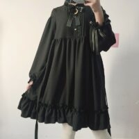일본식 하라주쿠 리본 매듭 플라운스 드레스 고딕 카와이