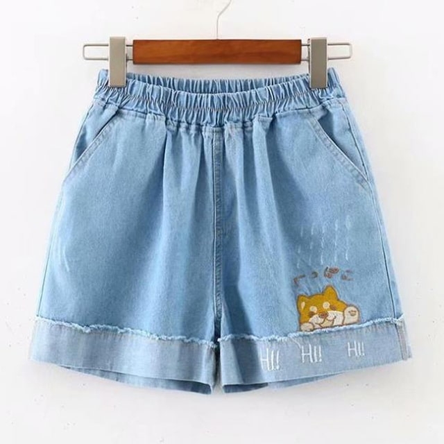 Vintage-Denim-Shorts mit Kaninchen-Stickerei
