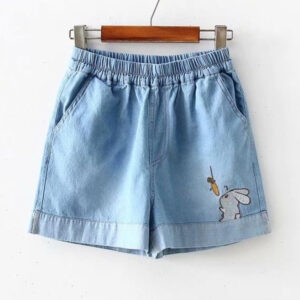 Rabbit Embroidery Vintage Denim Shorts