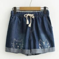 Pantalones cortos de mezclilla vintage con bordado de conejo dibujos animados kawaii