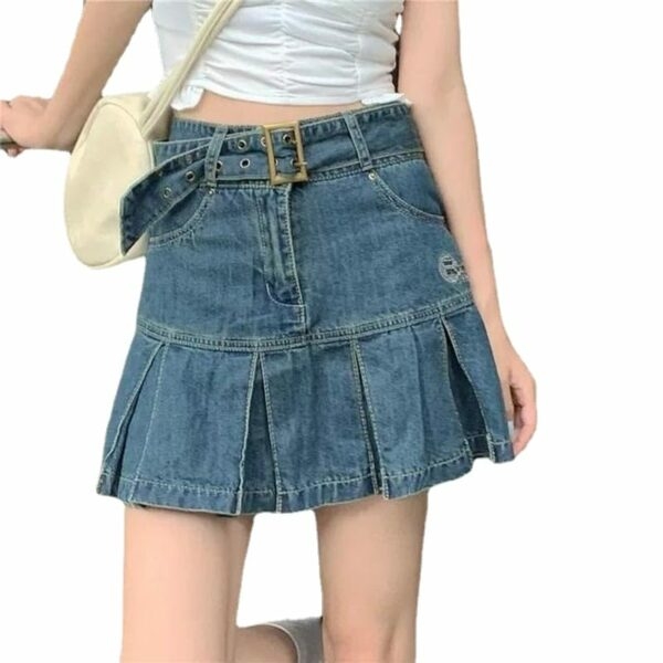 Корейская плиссированная джинсовая юбка в стиле ретро с поясом Харадзюку кавайи
