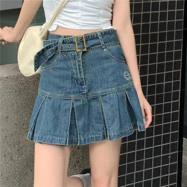 Saia jeans plissada com cinto retrô coreano
