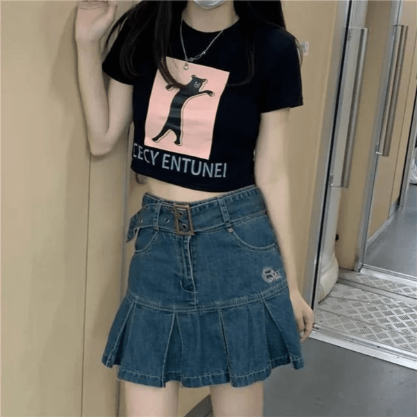 Saia jeans plissada com cinto retrô coreano Harajuku kawaii
