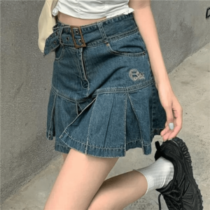 Korean Retro Belt Pleated Denim Skirt Harajuku kawaii