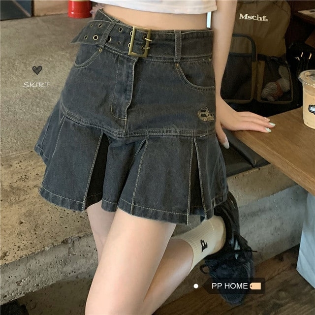 Korean Retro Belt Pleated Denim Skirt
