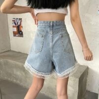 Vintage denimshorts med hög midja i spetskant Denim Shorts kawaii