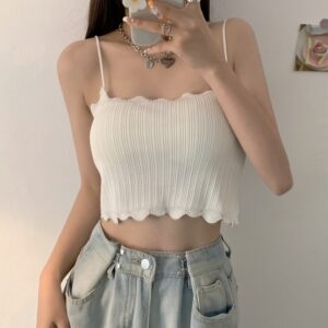 Korean Fashion Solid Color Knitted Tank Top Camisole kawaii
