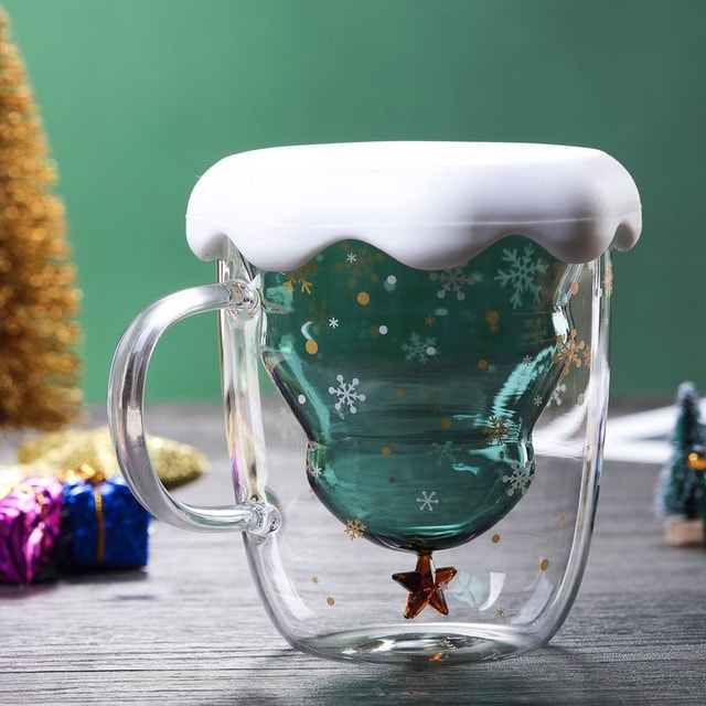Christmas Tree Glass Mug Creative Xmas Double Wall Anti-scalding Glass Cup  Funny Christmas Coffee Mug Christmas Tree Tea Cup 