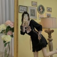 Schwarzes Lolita-Spitzenkleid mit Schleife Kawaii-Lolita