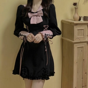 블랙 리본매듭 로리타 레이스 드레스 로리타 카와이