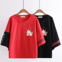 T-shirt imprimé chat porte-bonheur japonais Kawaii japonais