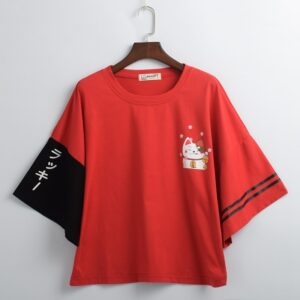 Japansk Lucky Cat Print T-shirt Japansk kawaii