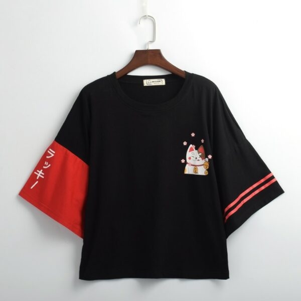 Japansk Lucky Cat Print T-shirt japansk kawaii